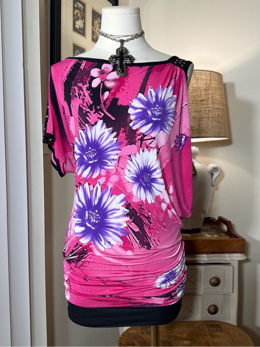 Entry Pink Floral Mini Dress with Purple Bloom Accents